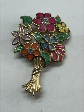 HUGE Roland Pink Blue Purple Enamel Gold Tone Rhinestone Flower Bouquet Brooch